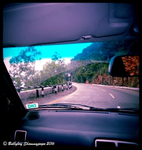 A view of a mountain road from inside a car